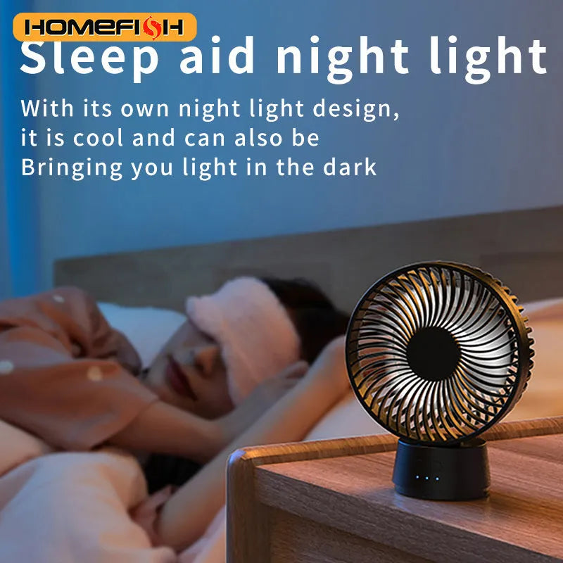 HOMEFISH F2 automatic head shaking portable fan with removable bracket and LED light on a table
