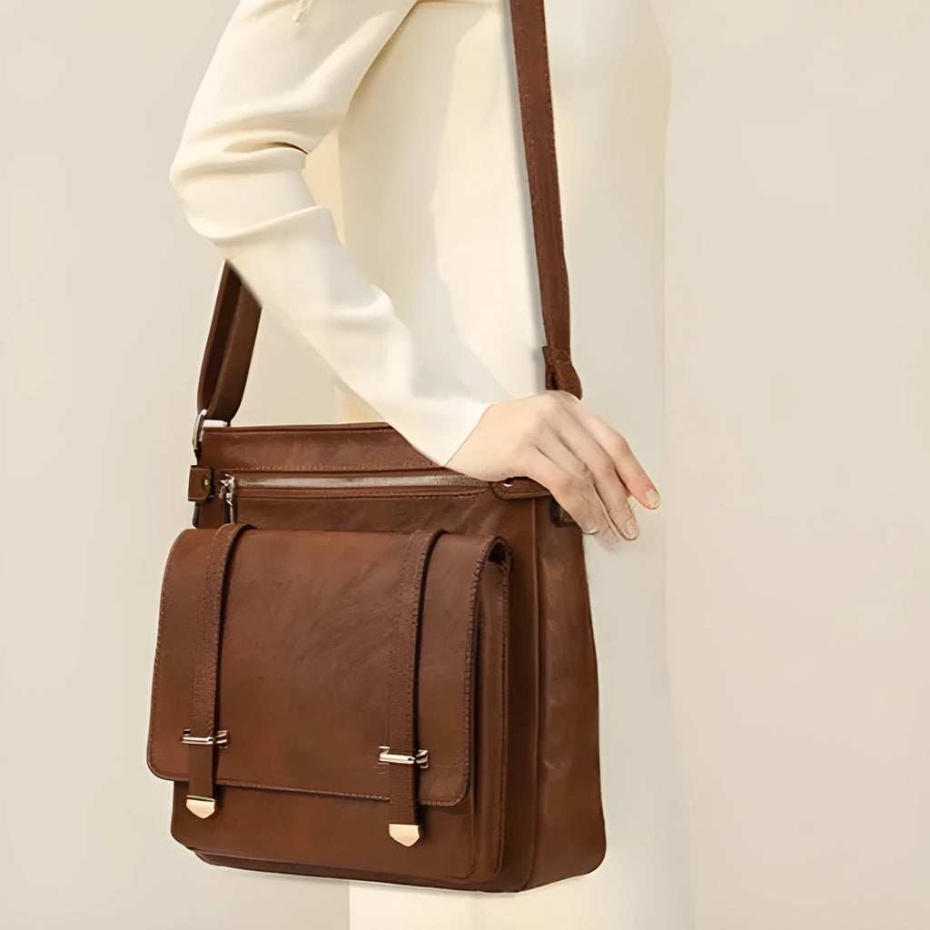 Women's large capacity PU crossbody bag, square vertical business commute style with single shoulder strap and slit pocket