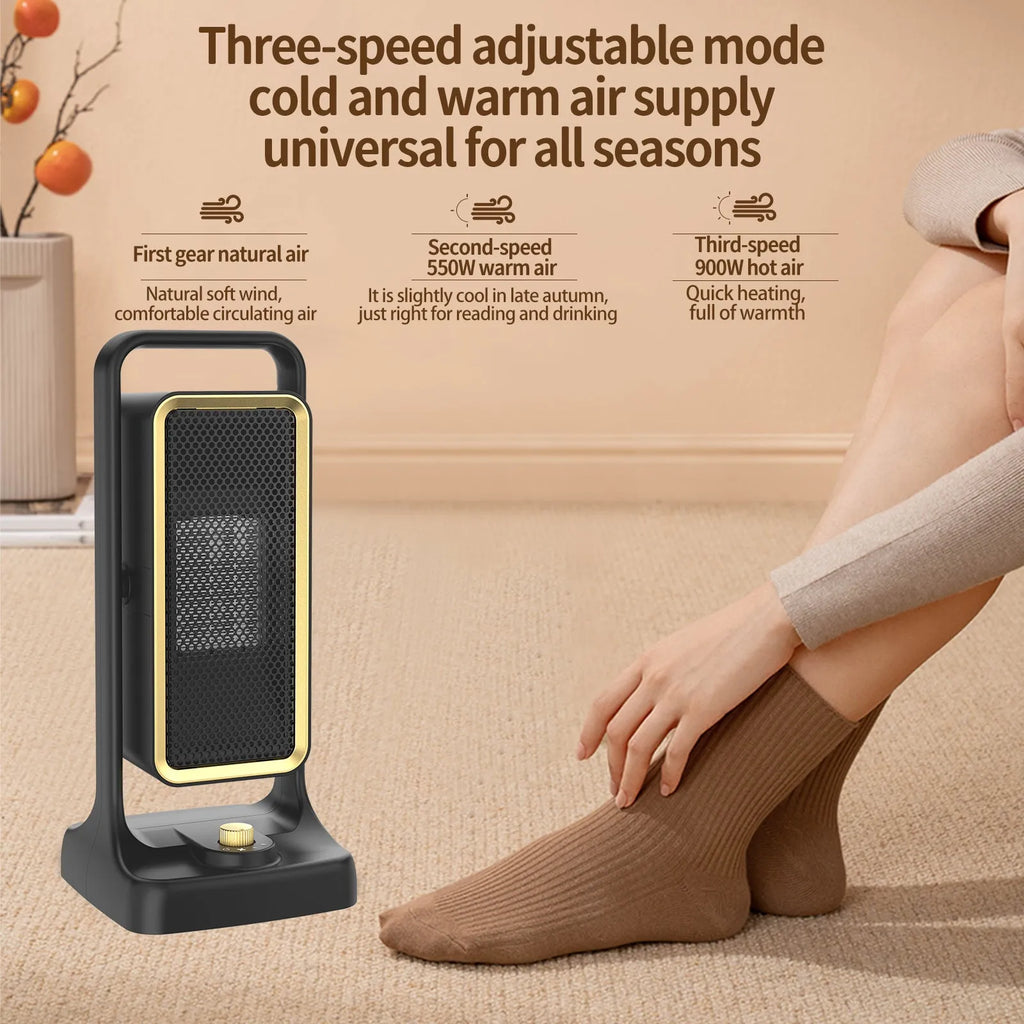 Black desktop PTC ceramic heater with knob controls showing dimensions 14.9x11.1x33.5cm