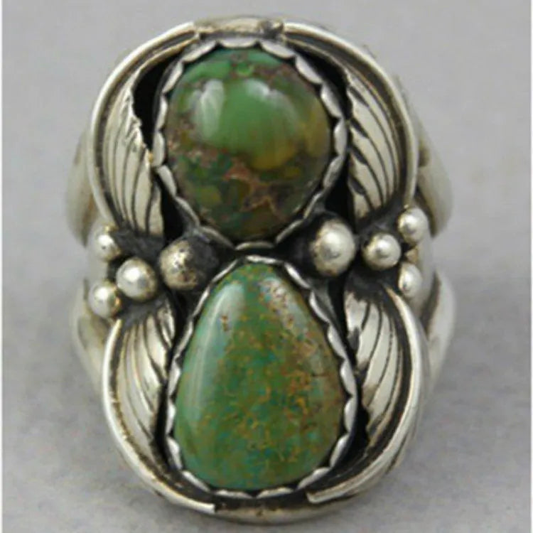 Women's geometric turquoise ring with inlaid retro design on alloy band