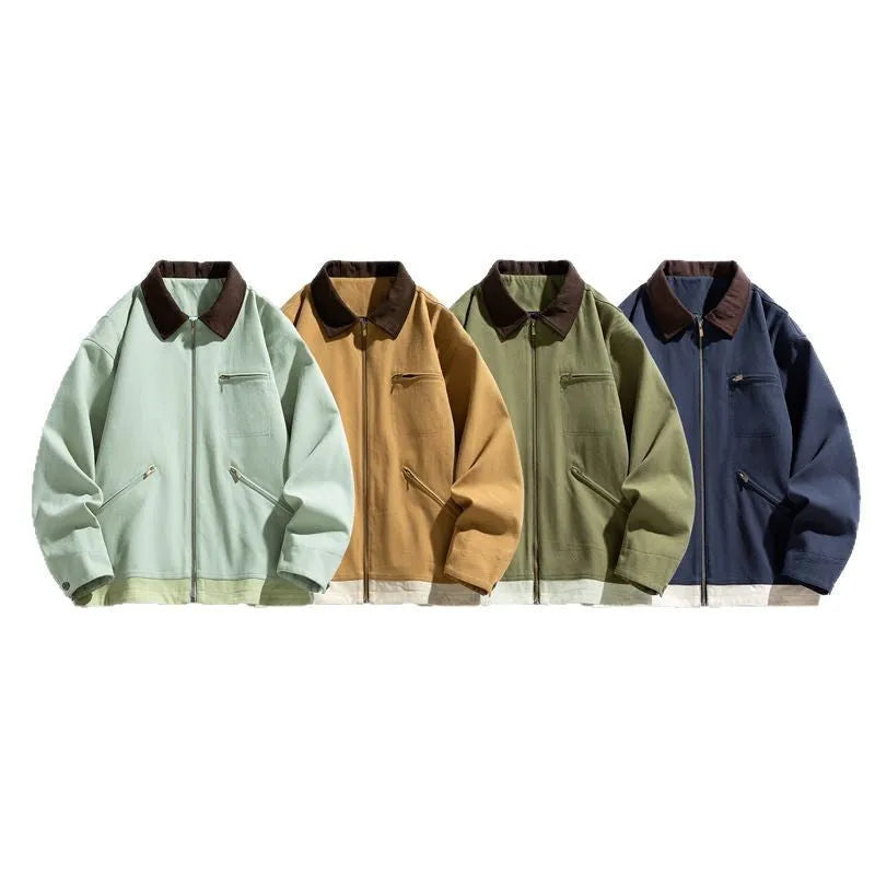 Korean style retro lapel autumn jacket in mint green with contrasting collar and side seam pockets