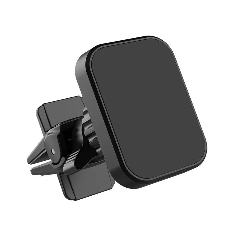 Black magnetic car phone holder mounted on vehicle air vent with adjustable baffle bracket