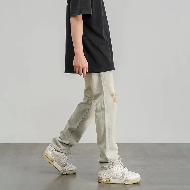 Men's ripped straight-leg wide-leg jeans in yellow mud colour polyester fabric size S to 3XL
