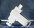 Rotating metal USB flash drive showing USB and USB-C connectors with black finish and protective iron box packaging