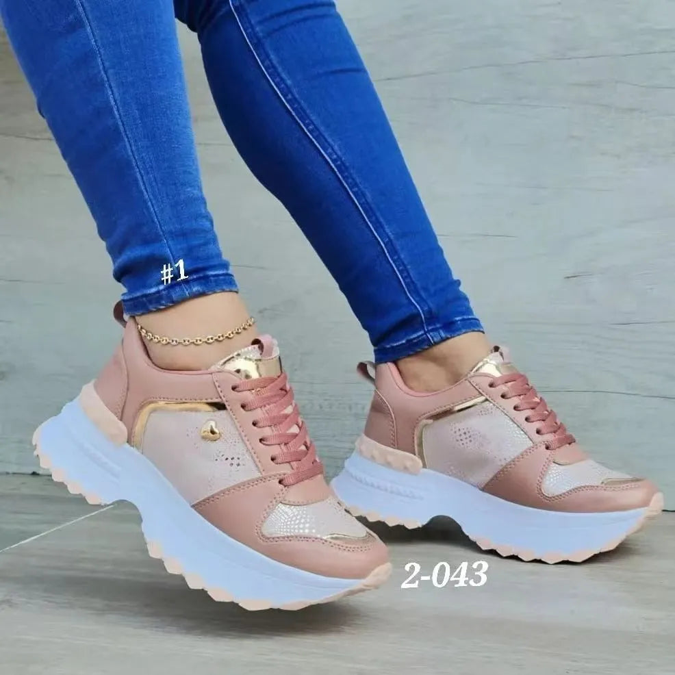 Women's fashion heel lifted sneakers in solid colour with artificial PU upper and rubber sole