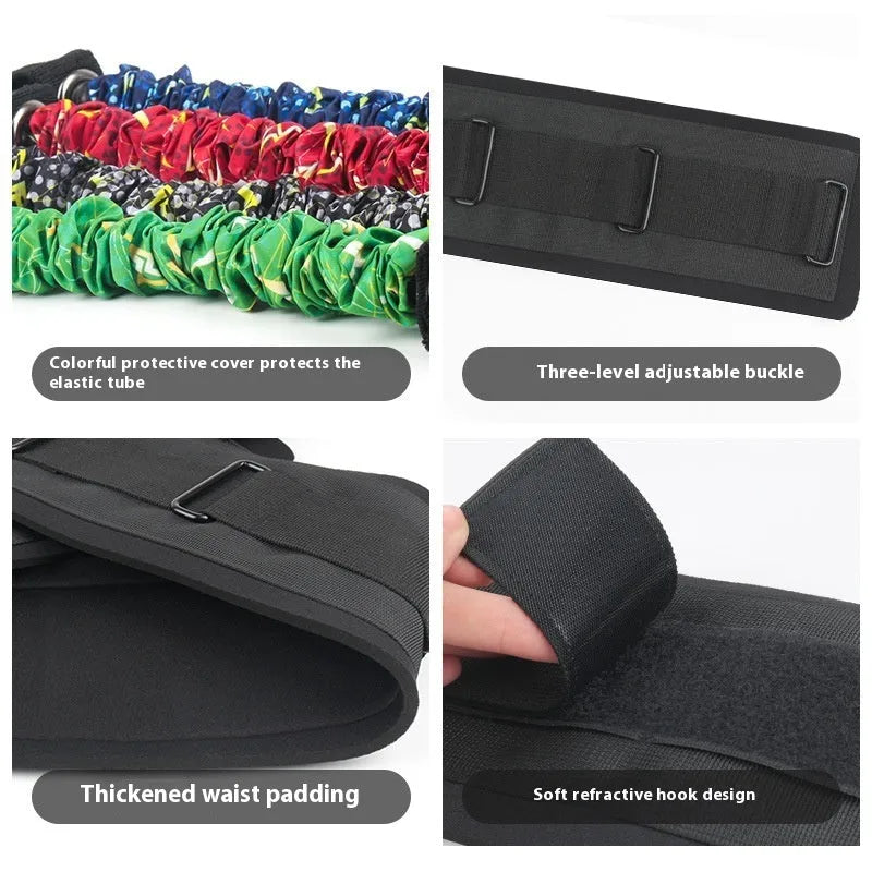 Chest expander elastic belt with TPE tube and red, blue, black, green colour sleeves indicating resistance level.
