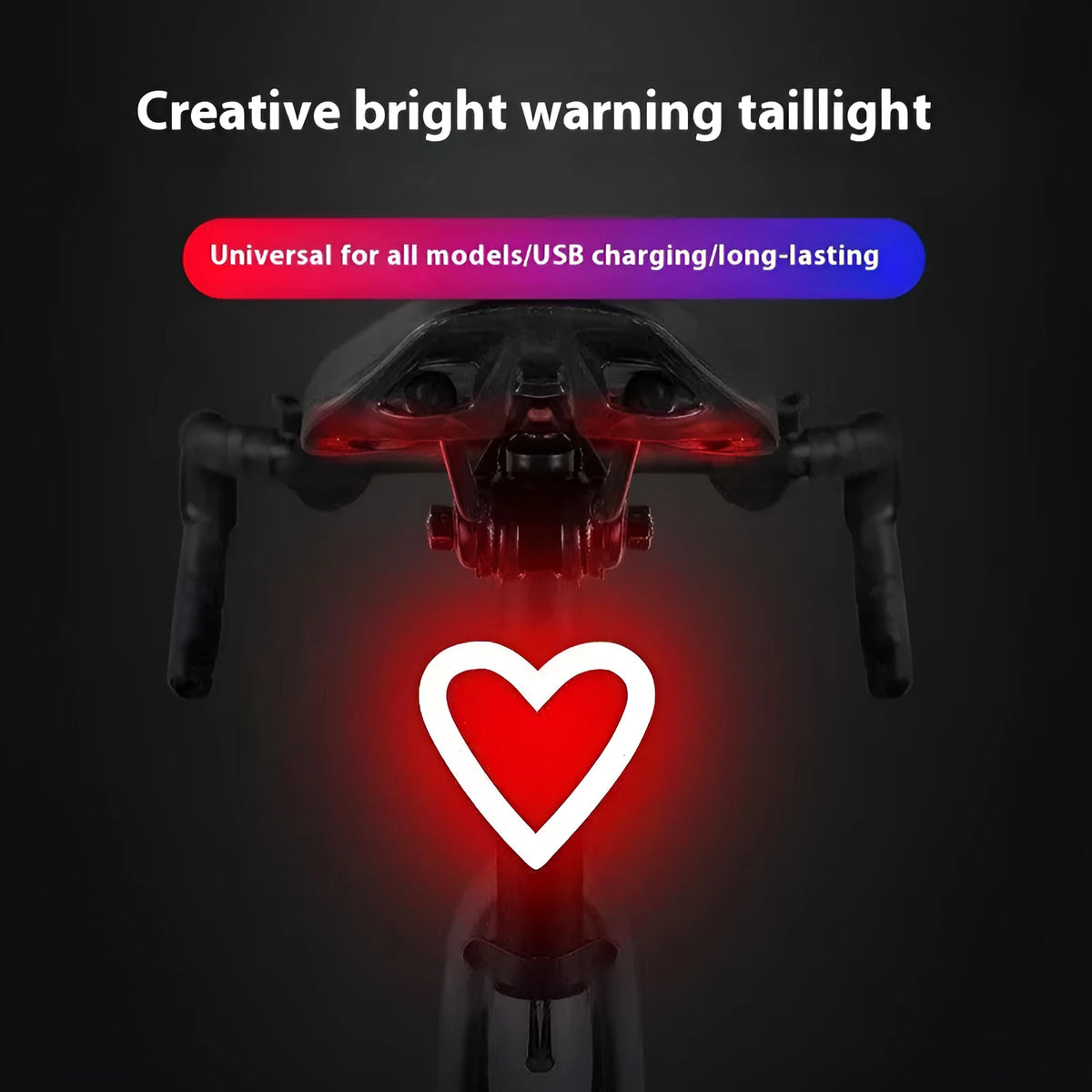 USB-C rechargeable bicycle tail light with love strap style, 300mAh battery, ABS and silicone shell