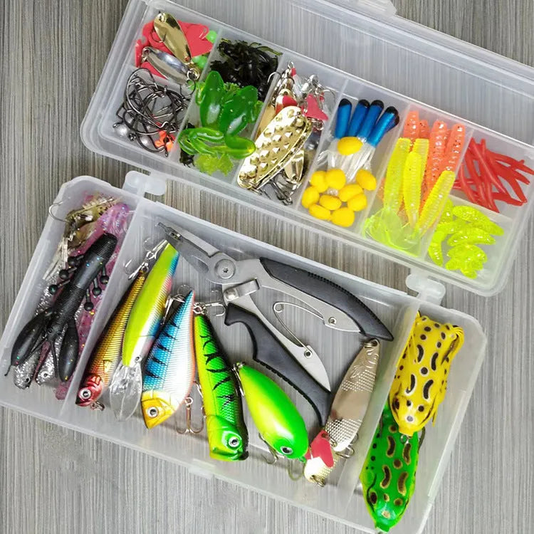Assortment of hard plastic minnow fishing lures with sequins, hooks, and tackle components from a 142-piece kit