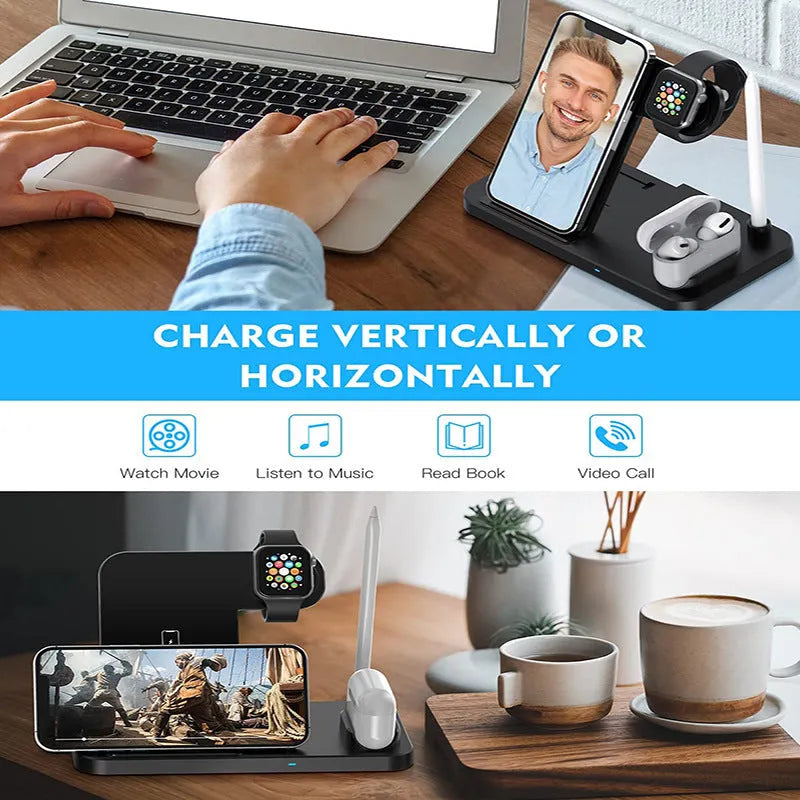 Black four-in-one wireless phone charger with QC3.0 fast charging head on desk