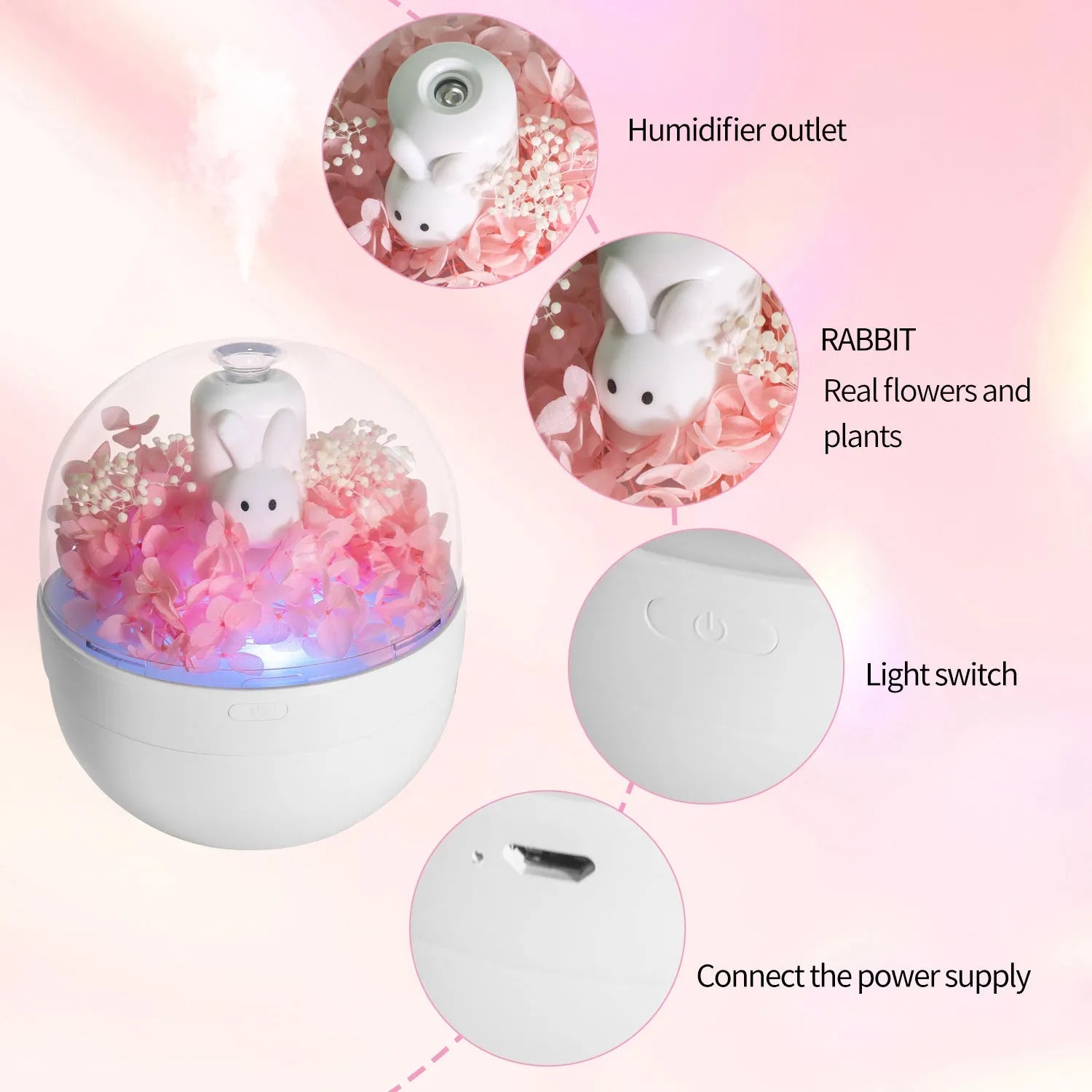 Pink rabbit-shaped preserved flower aromatherapy humidifier with essential oil diffuser