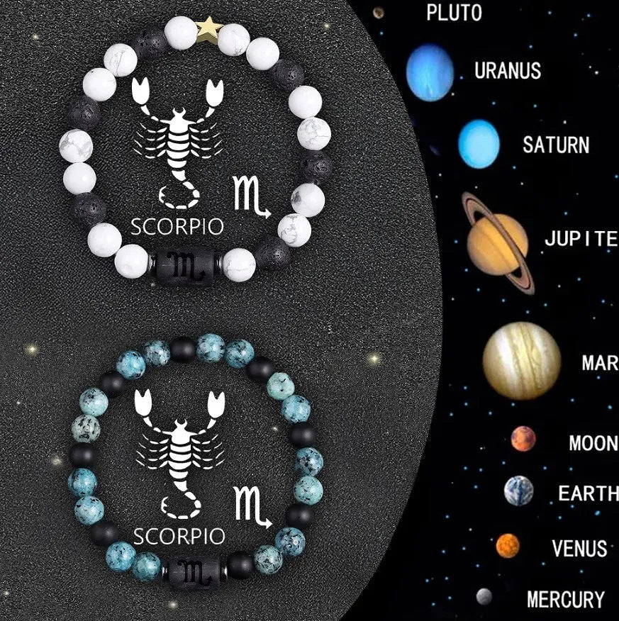 Set of twelve natural stone beaded bracelets for zodiac signs on elasticated string.