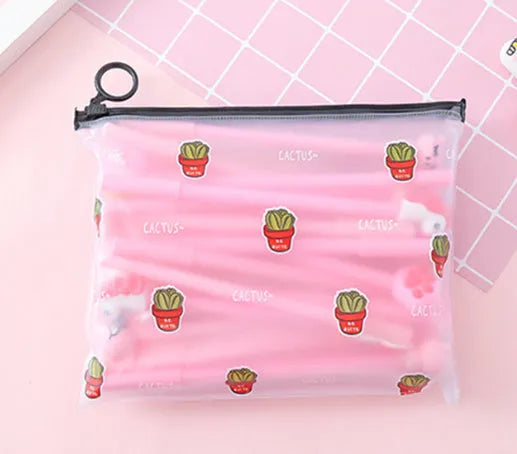Marvel cactus cartoon design plastic pen case open to show twenty black gel pens with 0.5mm tips.