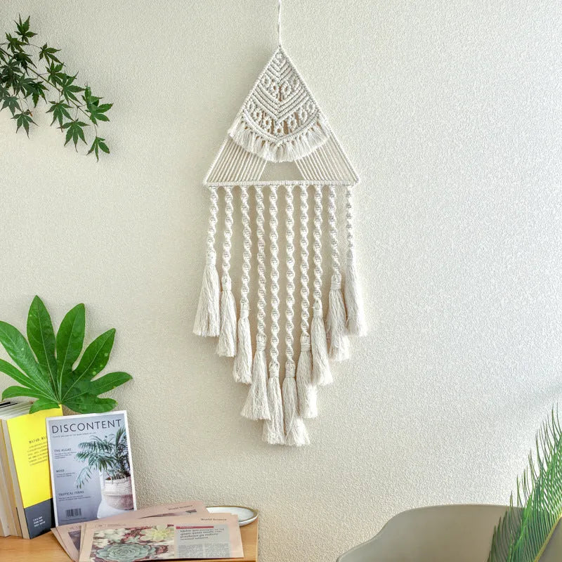 Handwoven triangle dream catcher pendant with cotton thread, wooden beads, and tassel, 29x45x72cm, brown colour