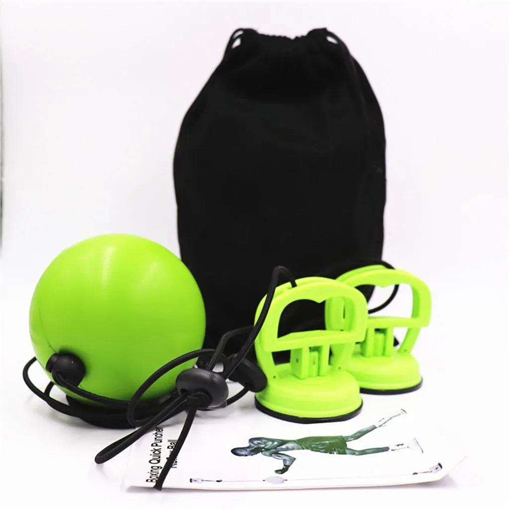 Green PU suction cup suspended boxing speed ball hanging from a suction cup mount for reflex training.