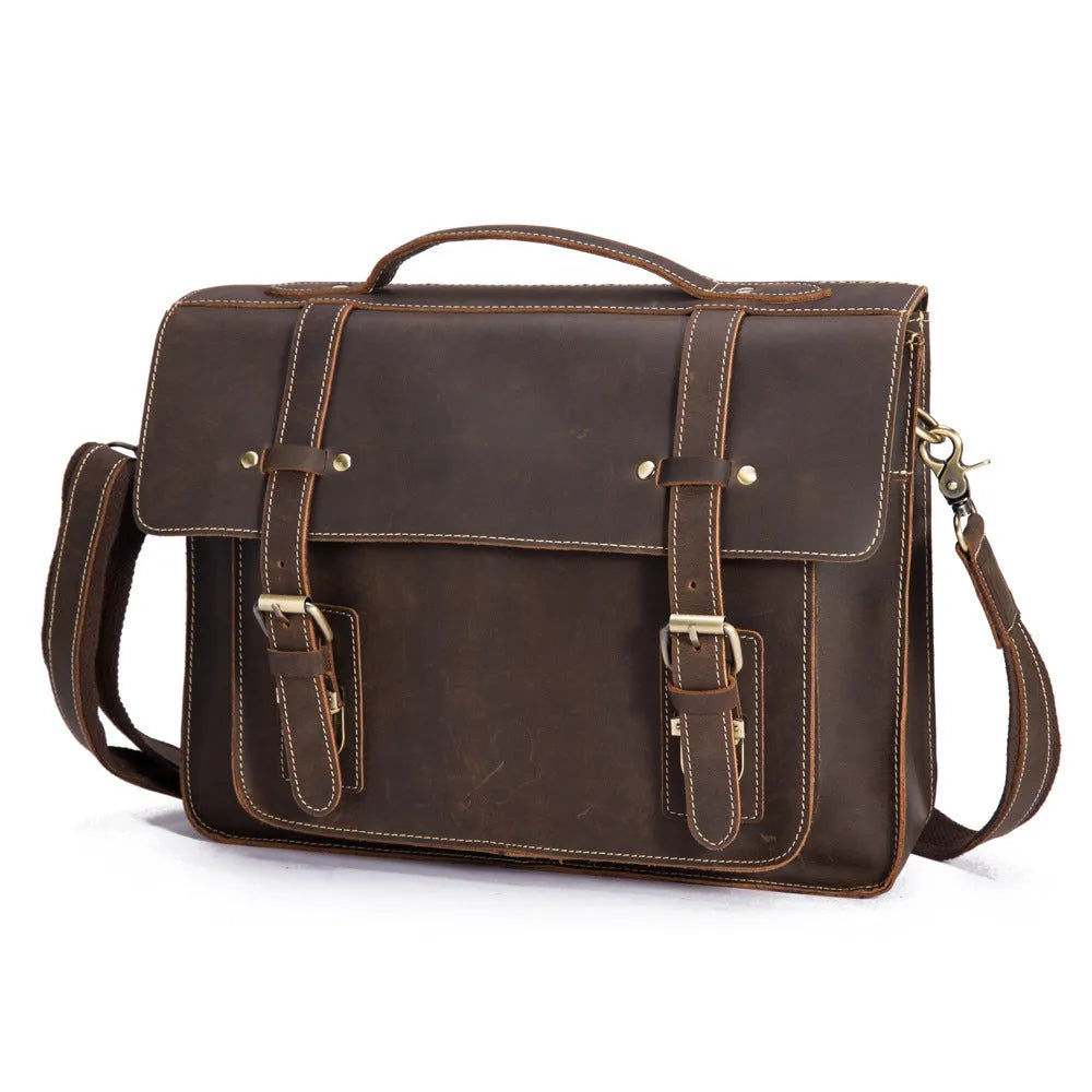 Men's first layer crazy horse leather handbag in dark brown, 36cm x 9cm x 27cm shoulder messenger bag