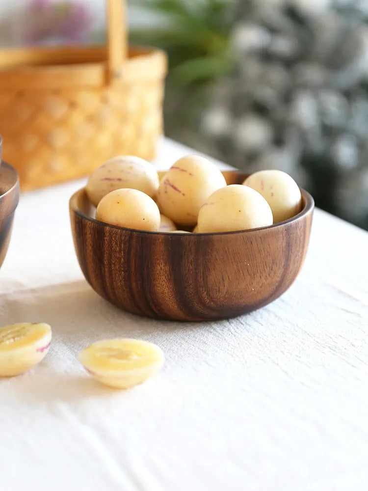 Brown wooden bowl set with natural grain, Japanese design, multiple sizes for kitchen serving