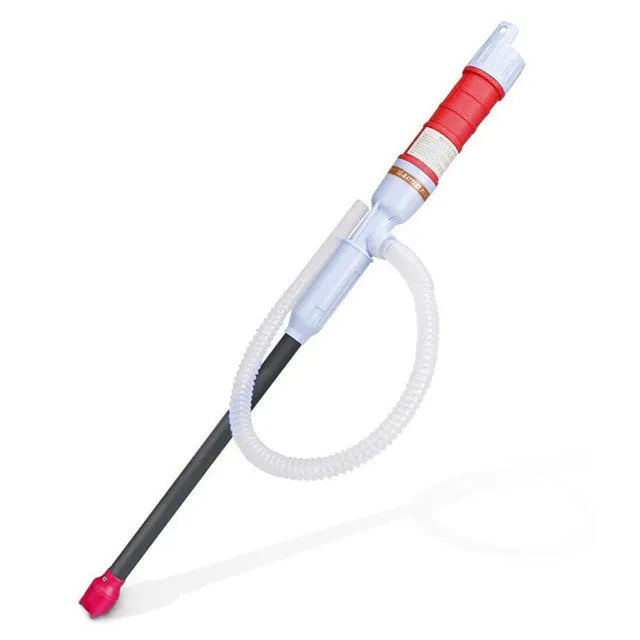 Blue and red manual hand siphon pump for fuel and liquid transfer