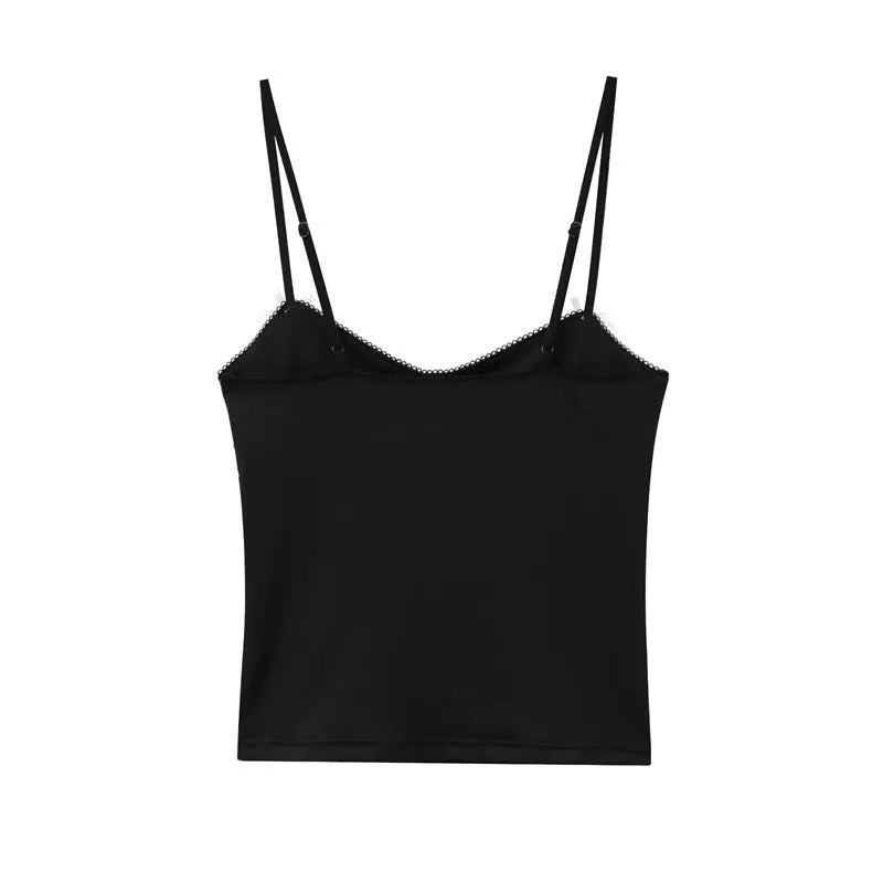 Women's black slim-fit halter spaghetti straps knitted vest with geometric pattern on model
