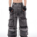 Grey distressed denim mop pants overalls with rope stitching detail on a hanger