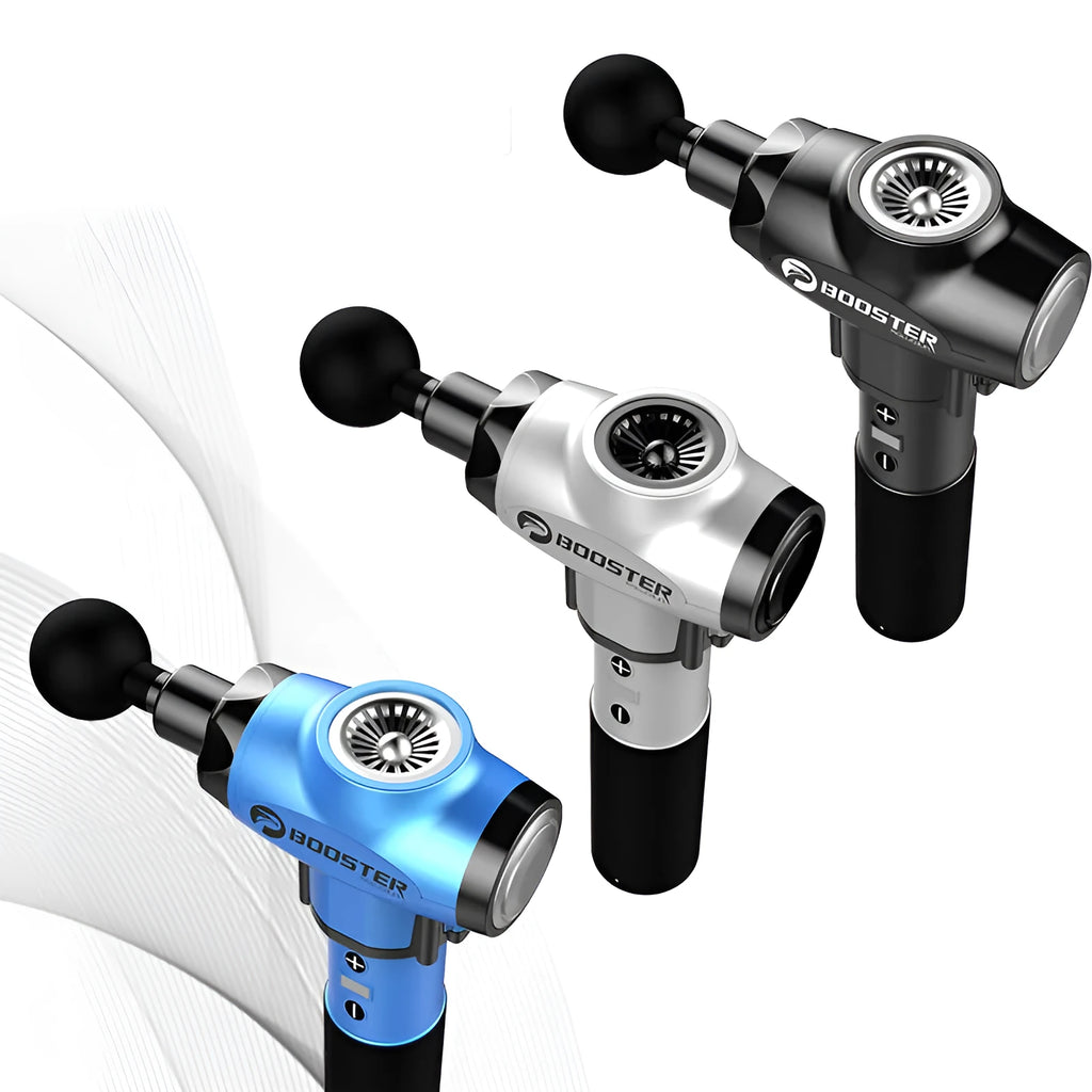 Black and white cordless massage gun for muscle relaxation with adjustable speed settings.