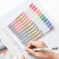 Muji 12-piece gel pen set with 0.5mm nibs and fine aqueous ink, shown in packaging.