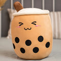 Brown boba milk tea plush toy with fruit shape and pillow balls on white background