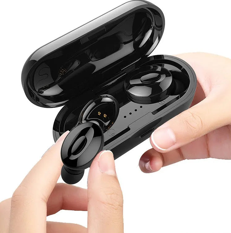 Black Bluetooth earphone with Bluetooth 5.0, 10 metre range, 120 hour standby, and NFC function