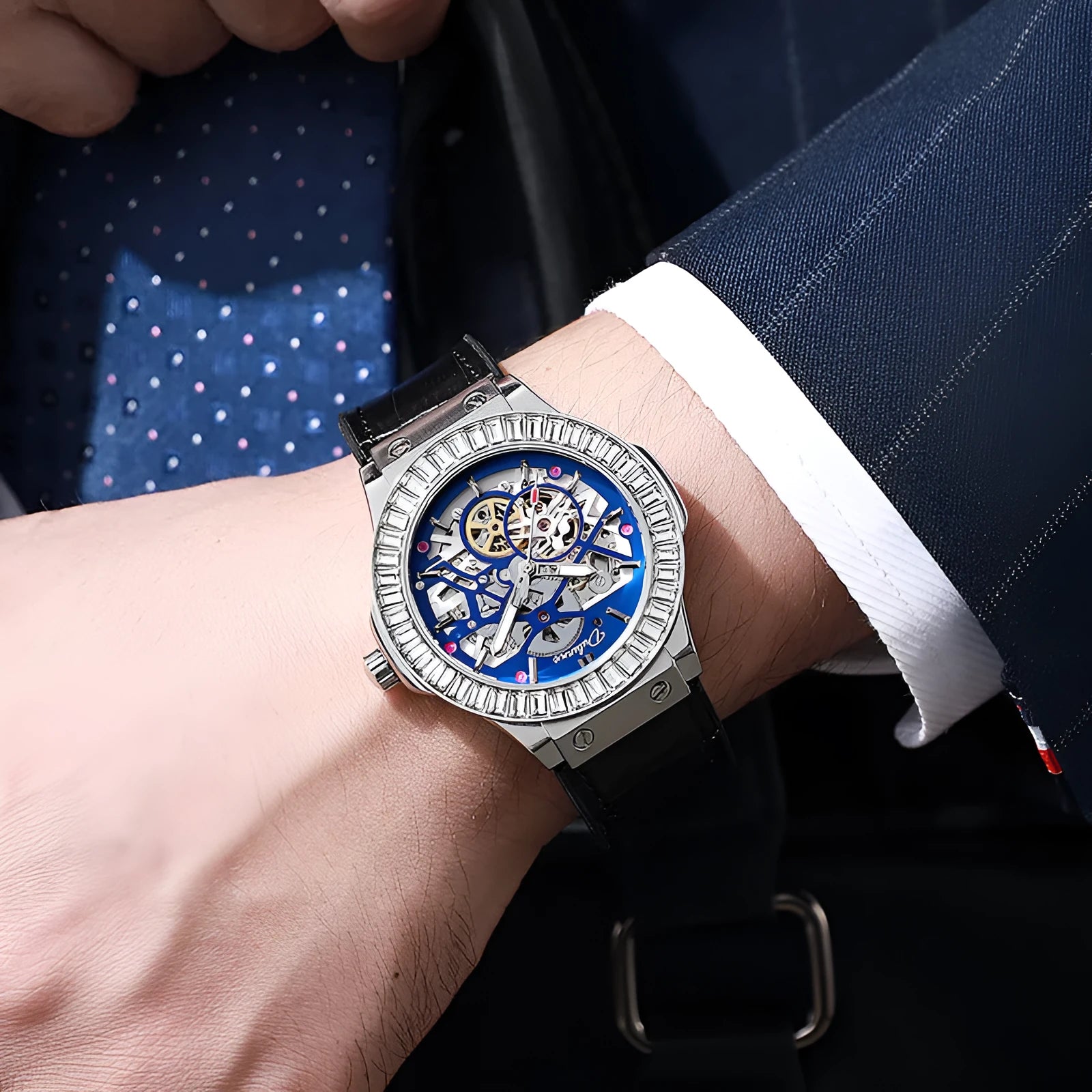 Automatic mechanical men's watch with diamond studs on the bezel and a hollow movement design.
