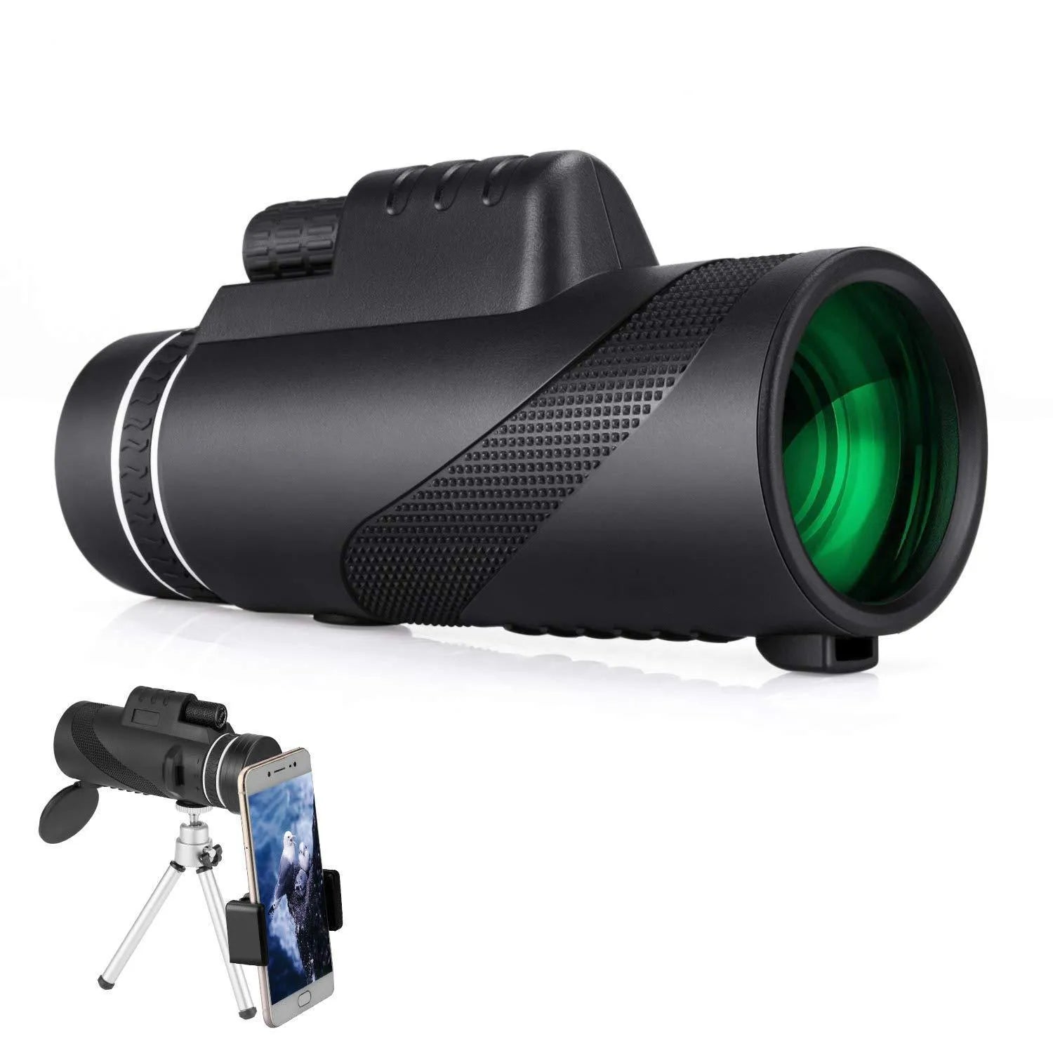 Black 40x60 monocular telescope with mobile phone attachment for photography on a table.