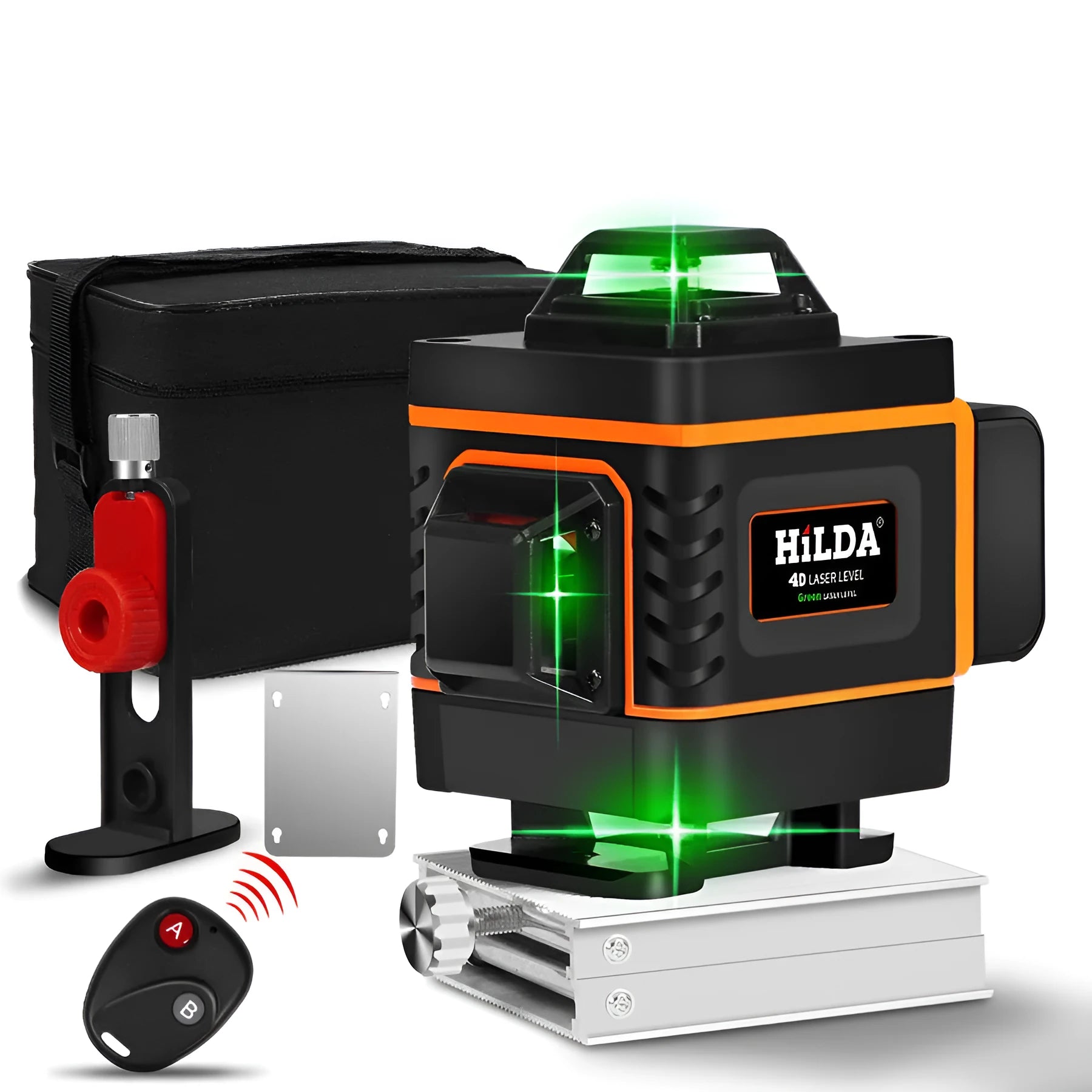 Rotating laser level with green laser projection and orange wall stickers on measurement surface