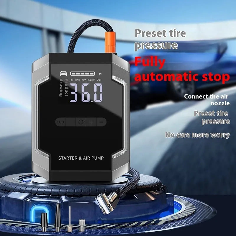 12V car emergency jump starter and tyre inflator with ABS casing and Eva storage bag on a workbench