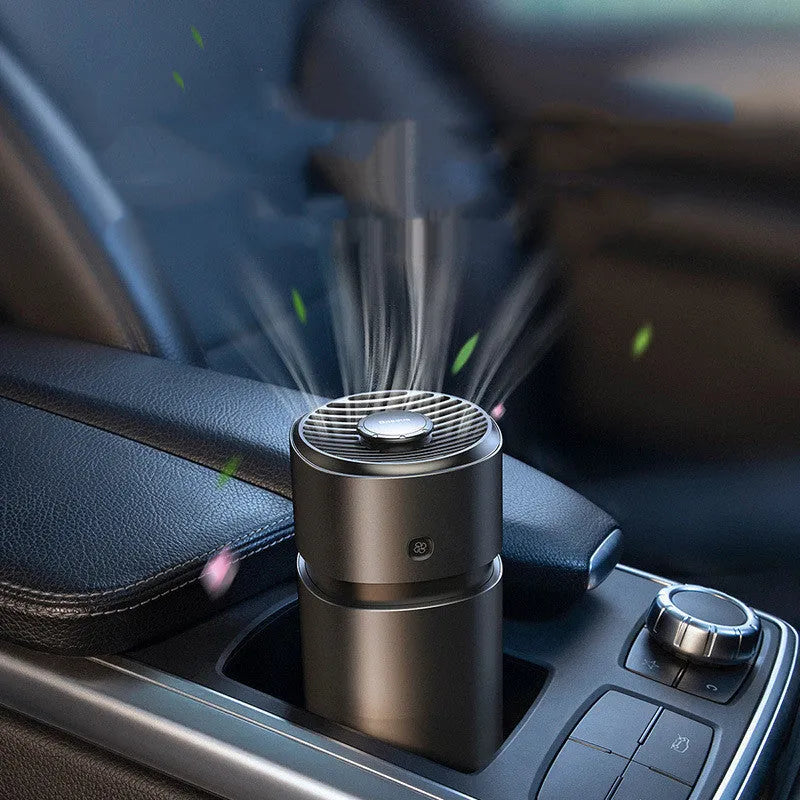 Black car cup holder fan aromatherapy diffuser with aluminium alloy body and two balm inserts