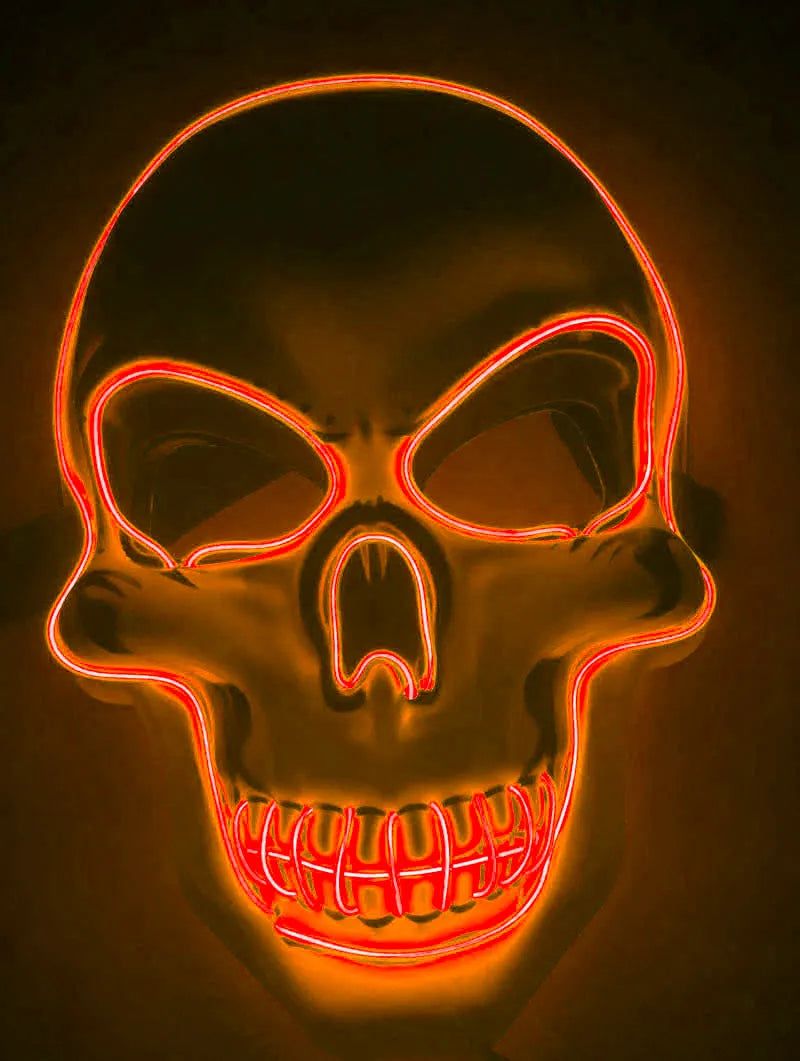 LED skeleton mask with glowing blue eyes, nose, and mouth on a black background.