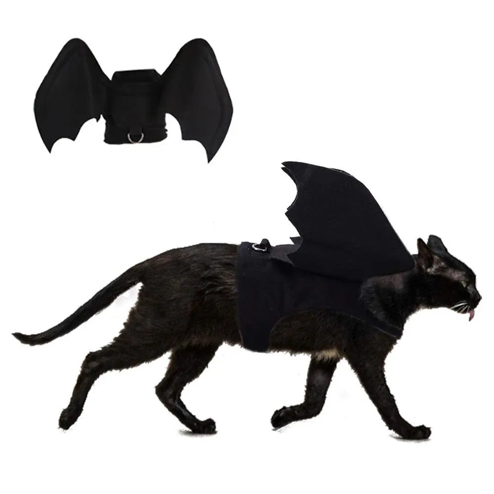 Black cloth bat wing Halloween pet costume with bell for dogs or cats, 3D wings folded
