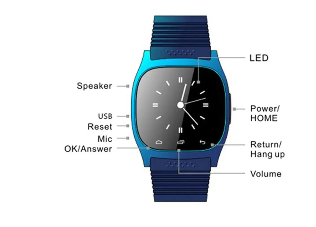 Black, white, and blue smart Bluetooth sports watch compatible with iPhone and Android
