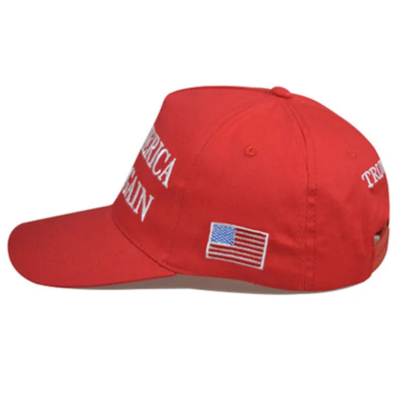 Cotton baseball cap with embroidered lettering, five star red simple red design, flat eave, dome top, wide brim