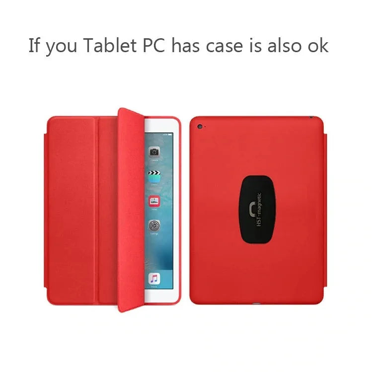 White magnetic tablet holder with adhesive base mounted on wall holding iPad