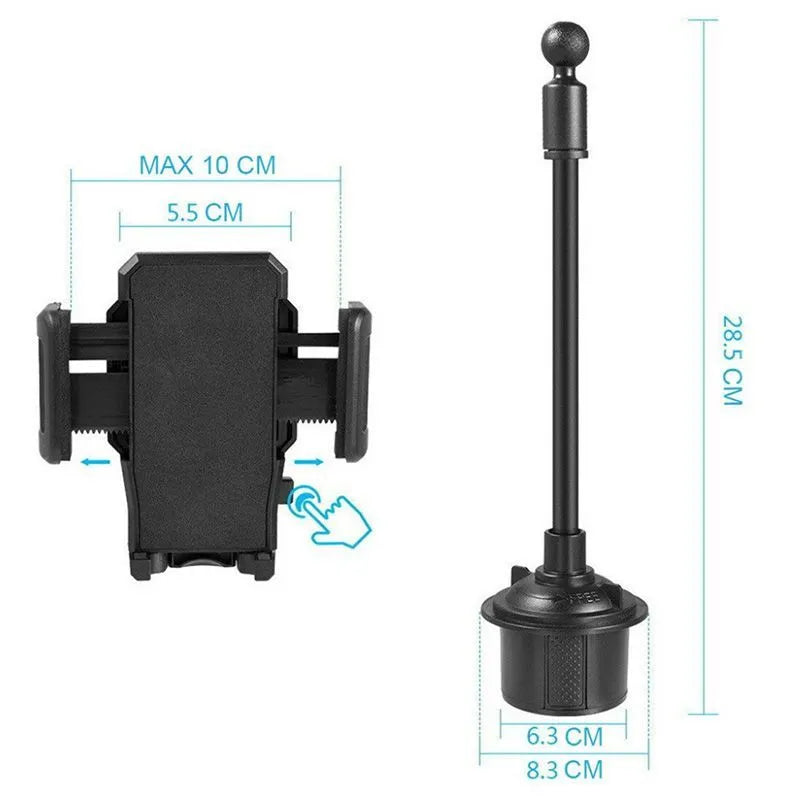 Black universal car phone holder with adjustable wings shown mounted on a car vent.