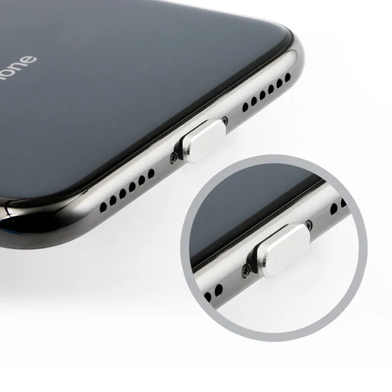 Aluminium alloy dust plug for iPhone charging port in gold, silver, blue, red, grey, black, and rose gold colours.