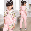 Children's two-piece hooded pants suit set in pink, red, or yellow for spring and autumn wear.