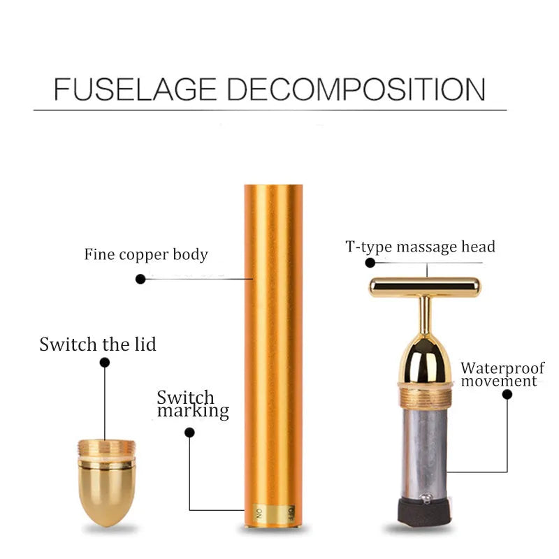 24K gold vibration pulse facial beauty bar for skin firming and wrinkle reduction, showing a stick massager with gold head
