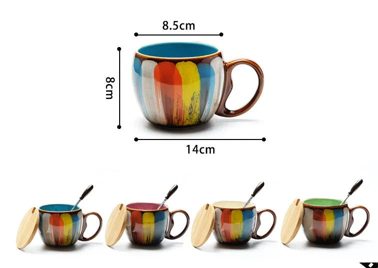 Creative handmade ceramic mug with lid and spoon, 350ml, vibrant blue colour, European style