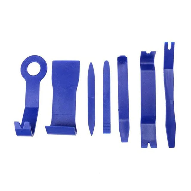 Plastic 19 piece car radio panel trim dashboard removal set with POM nylon skid boards in blue and red