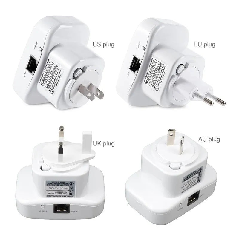 White and black 300Mbps WiFi repeater for UK plug with 2dBi antennas and Ethernet port