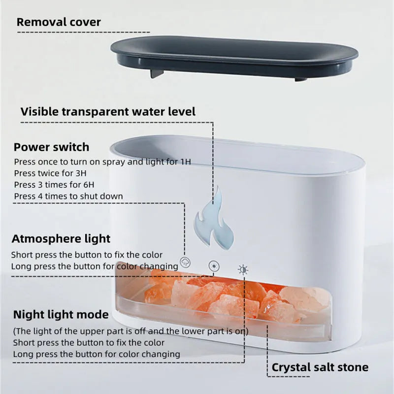Square desktop flame humidifier with colourful 3D flame effect and crystal salt stone