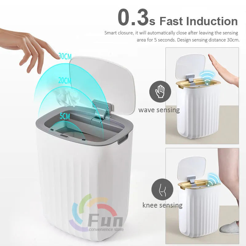 White automatic smart trash can with sensor lid on a kitchen floor.