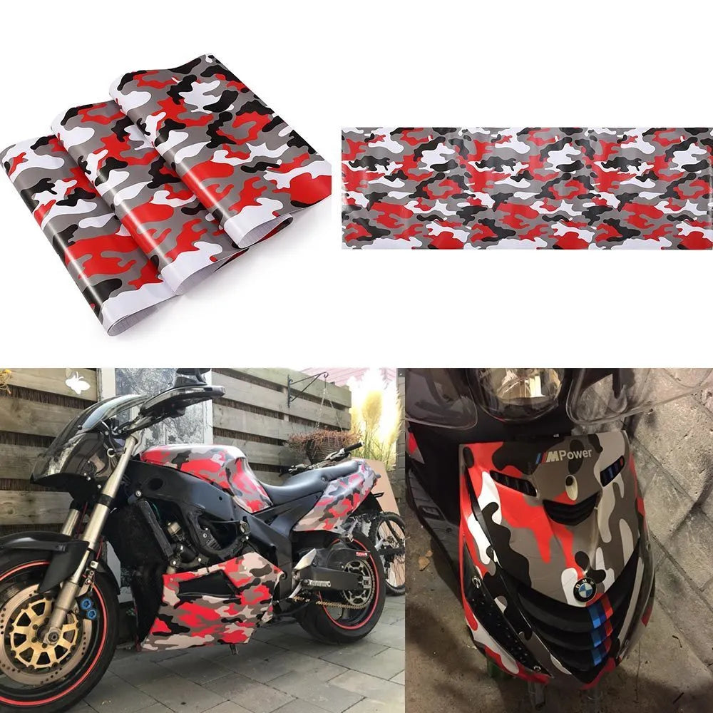 Camouflage car wrap film in PVC, 152cm wide, shown in black, black and white, red and blue colour options for vehicle and device decoration.