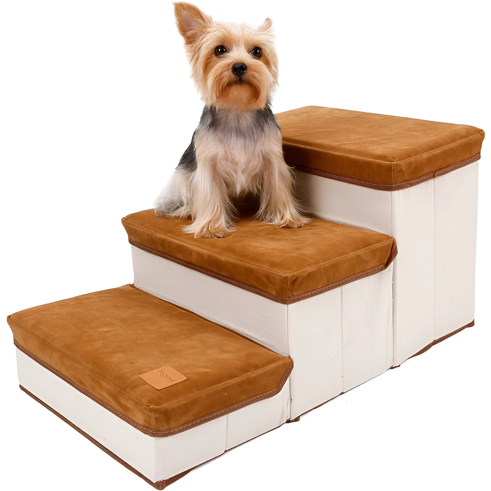 Foldable pet dog stairs in brown flannel and cotton with a cloth storage box underneath