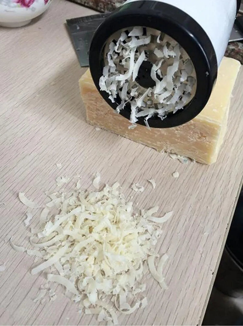 Stainless steel rotary cheese grater in black and white, 17cm tall, with two blades for grating chocolate and cheese