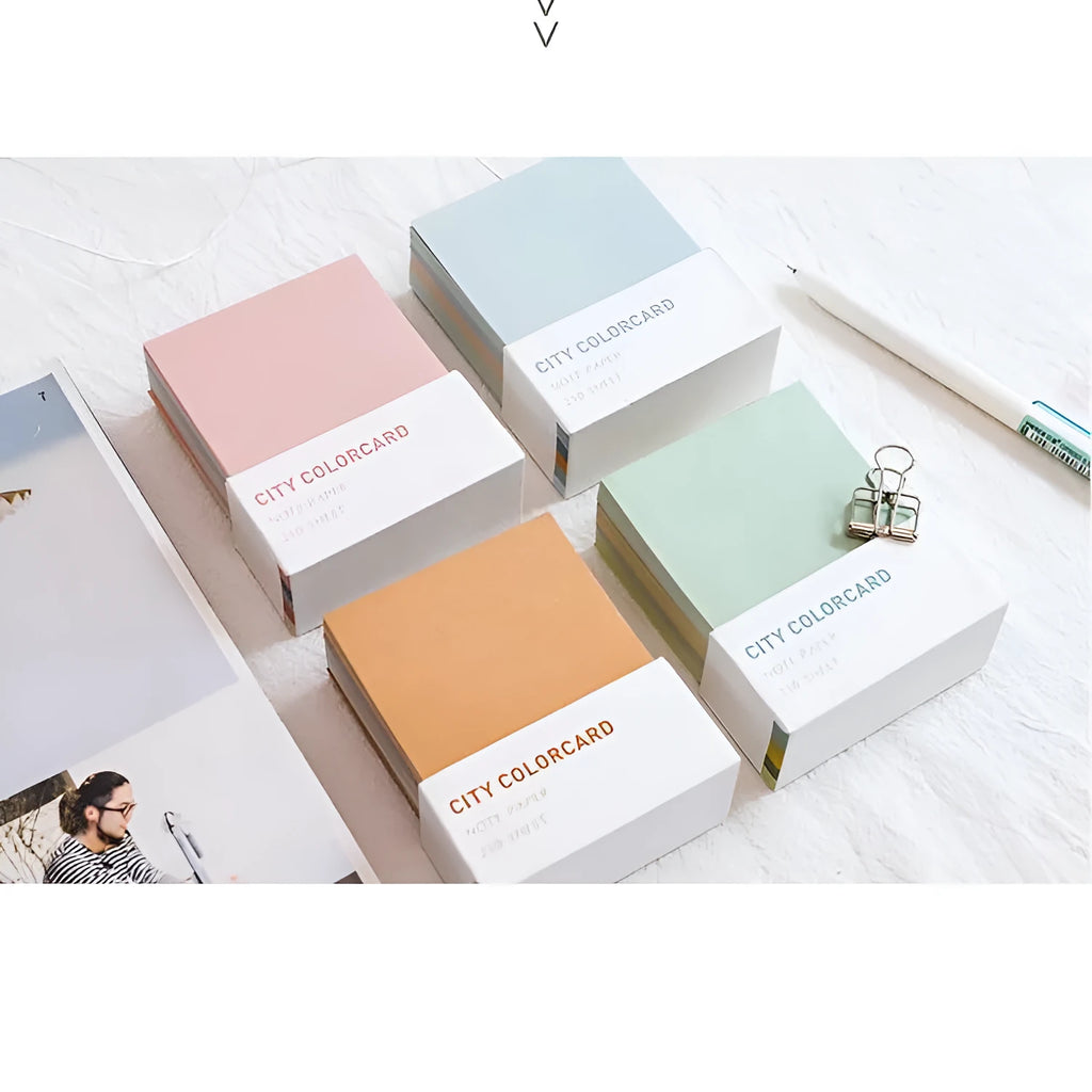 Set of rectangle memo note cards in four city colour styles, showing 75mm by 95mm size.